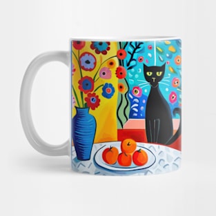 Still Life Black Cat Painting with Flowers in Vase Mug